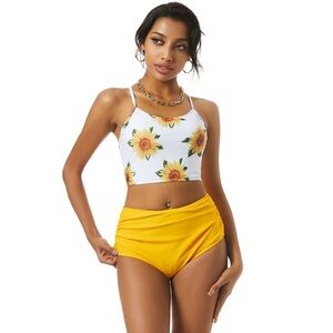 Zaful Yellow White Sunflower Bathing Suit With Yellow High Rise Bottoms